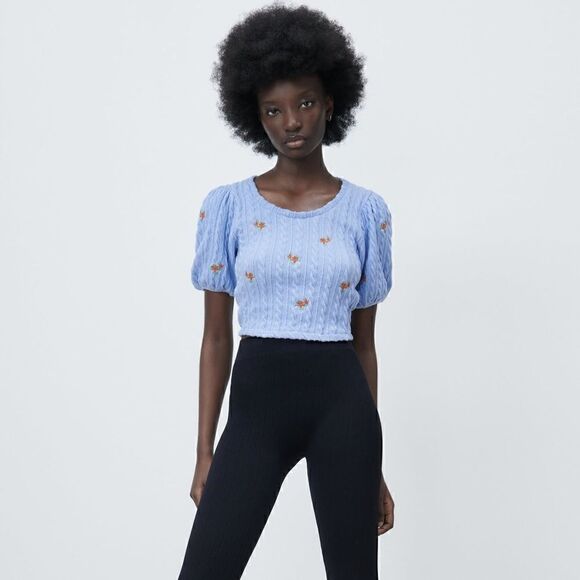 ZARA EMBROIDERED FLORAL CABLE KNIT TOP - Picture 6 of 13